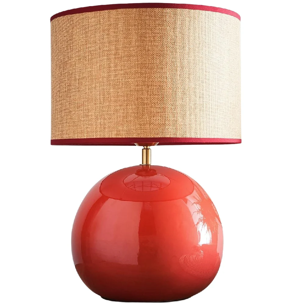 Glossy Red Ceramic Modern Table Lamp with Woven Drum Shade 44cm