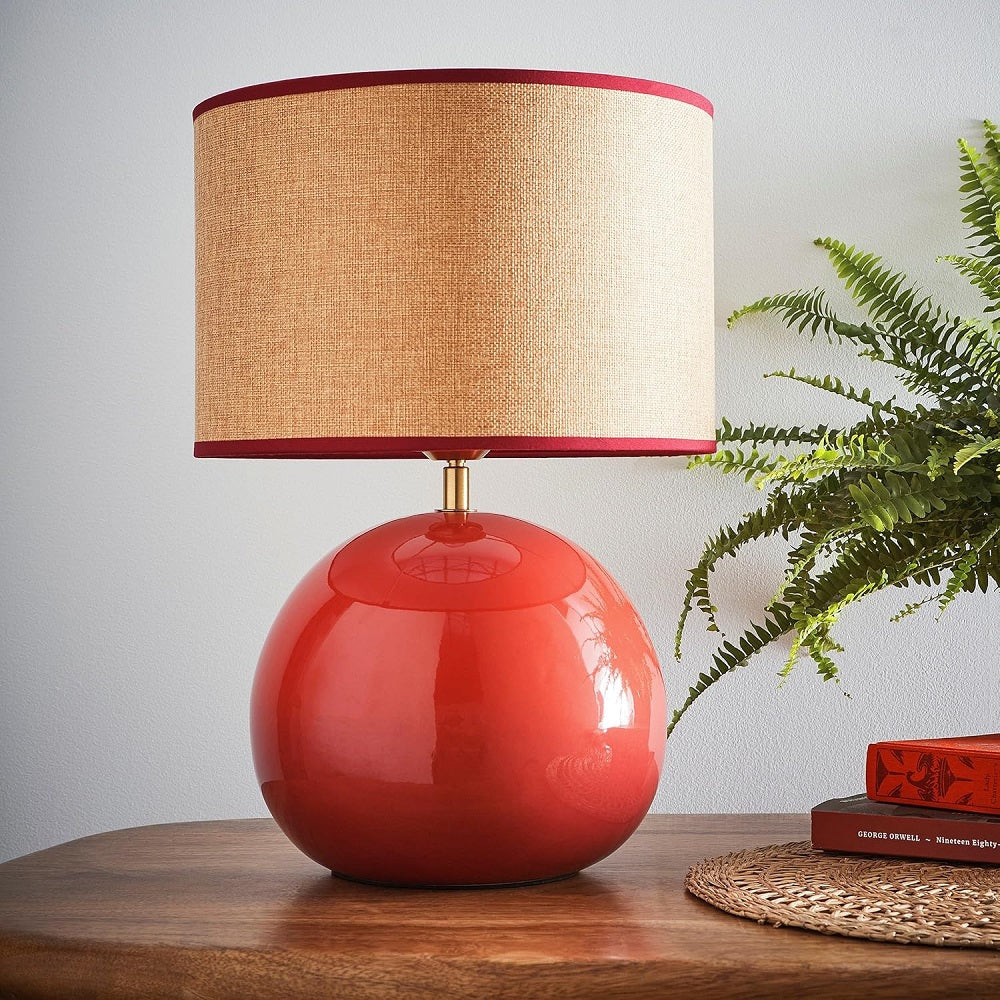 Glossy Red Ceramic Modern Table Lamp with Woven Drum Shade 44cm - Image 2