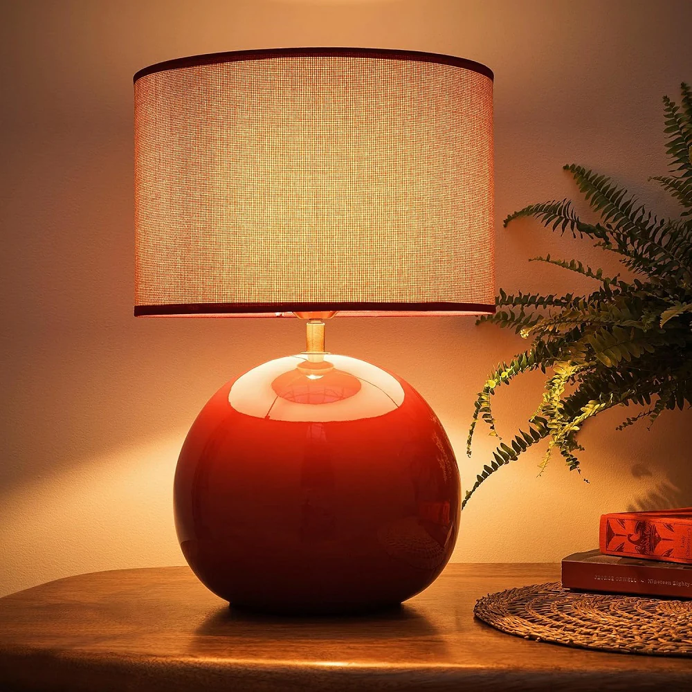 Glossy Red Ceramic Modern Table Lamp with Woven Drum Shade 44cm - Image 3