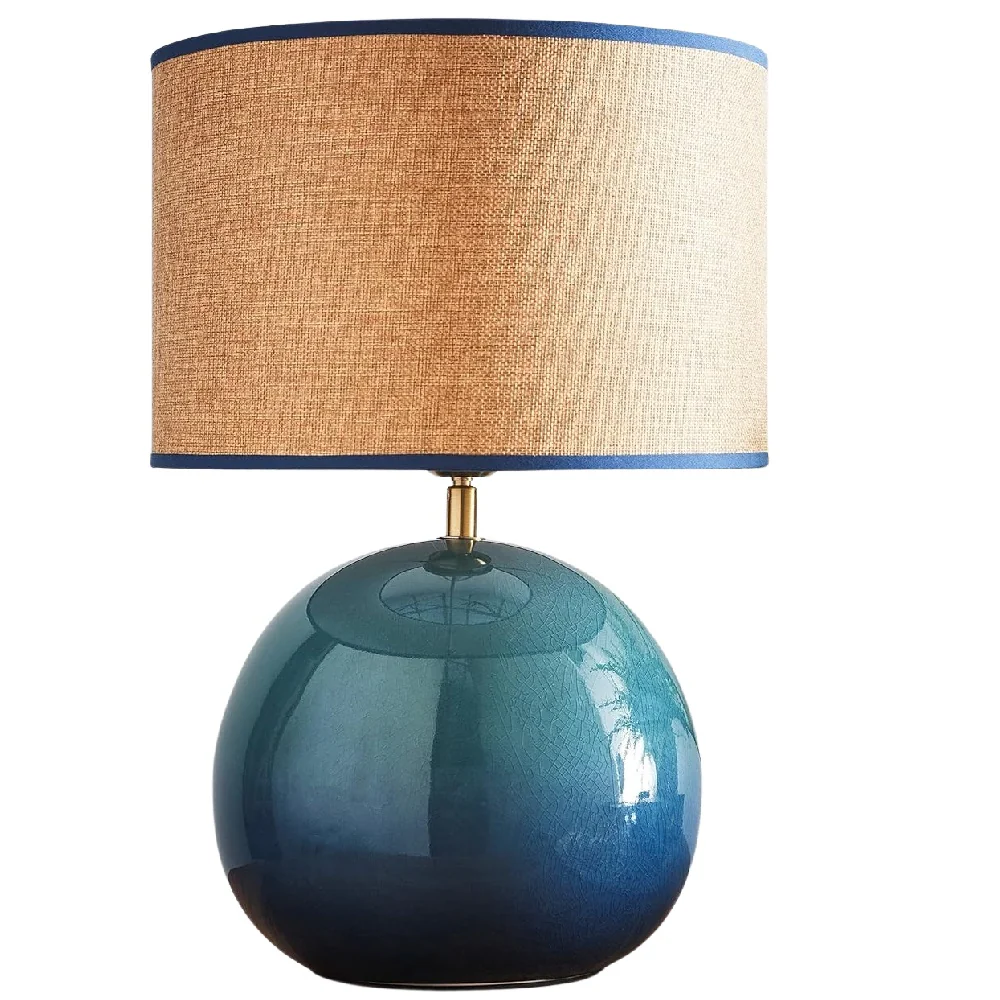 Glossy Blue Ceramic Modern Table Lamp with Woven Drum Shade 44cm