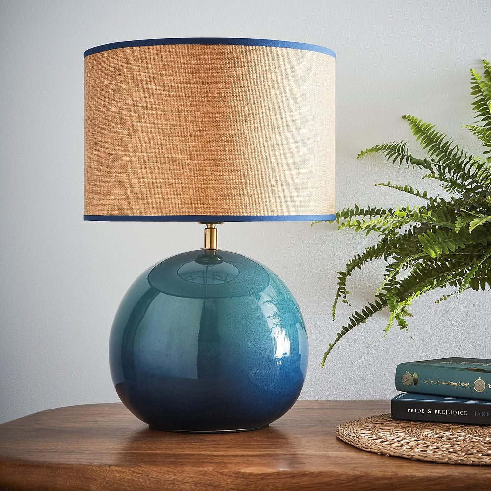 Glossy Blue Ceramic Modern Table Lamp with Woven Drum Shade 44cm - Image 2