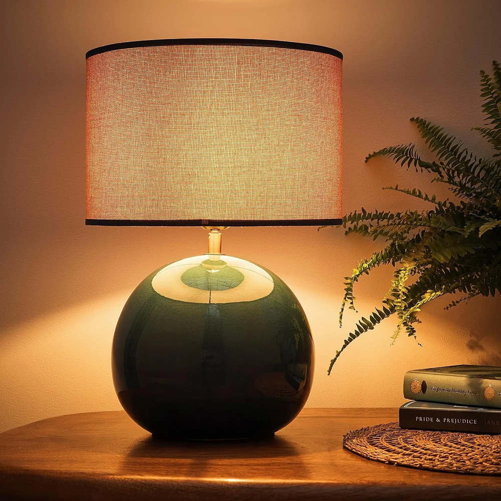 Glossy Blue Ceramic Modern Table Lamp with Woven Drum Shade 44cm - Image 3