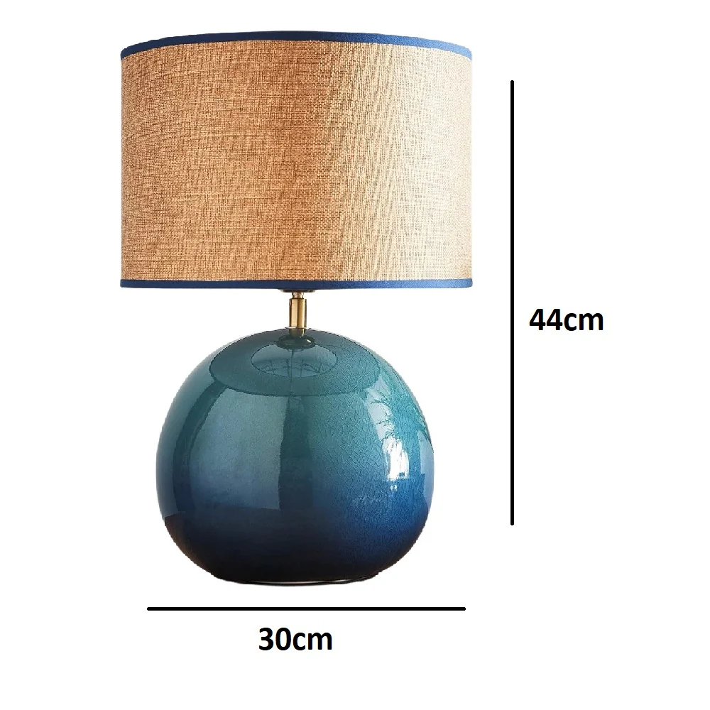 Glossy Blue Ceramic Modern Table Lamp with Woven Drum Shade 44cm - Image 4