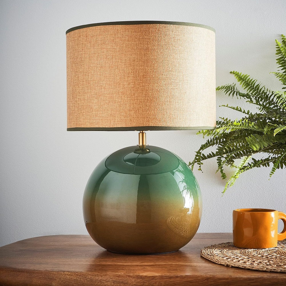 Glossy Green Ceramic Modern Table Lamp with Woven Drum Shade 44cm - Image 2