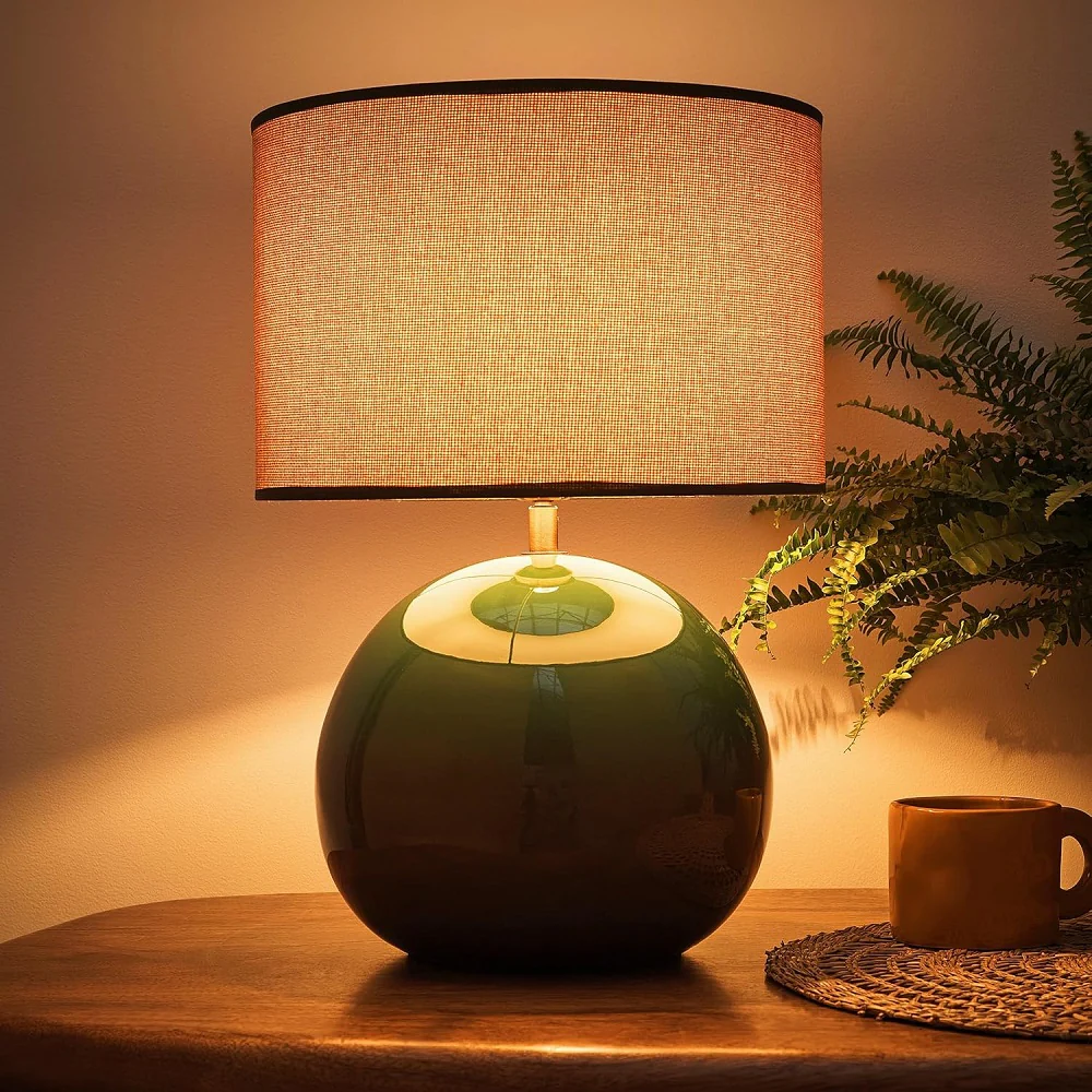 Glossy Green Ceramic Modern Table Lamp with Woven Drum Shade 44cm - Image 3