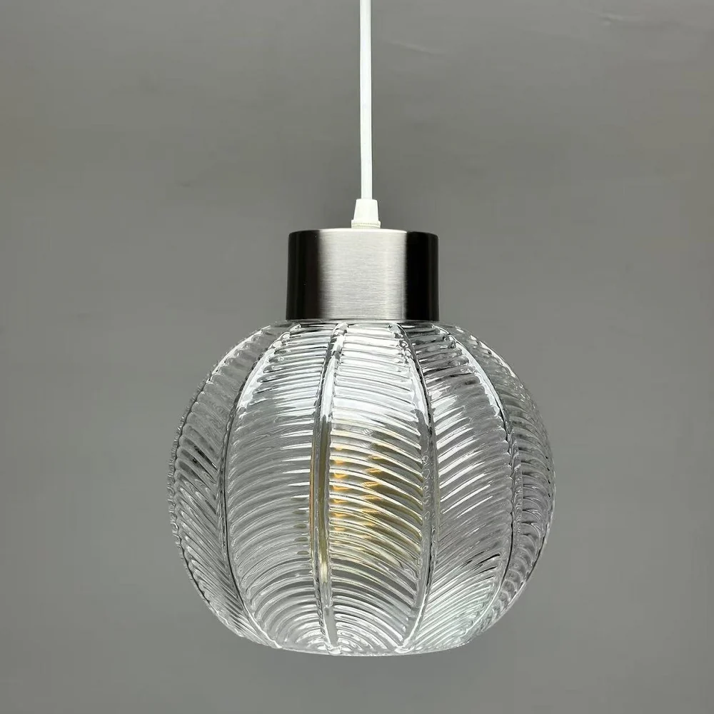 Brushed Chrome & Clear Ribbed Glass Vintage Globe Easy Fit Pendant Shade 20cm - Image 2