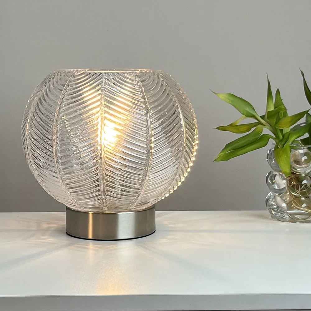 Brushed Chrome & Clear Ribbed Glass Vintage Globe Table Lamp 20cm - Image 2