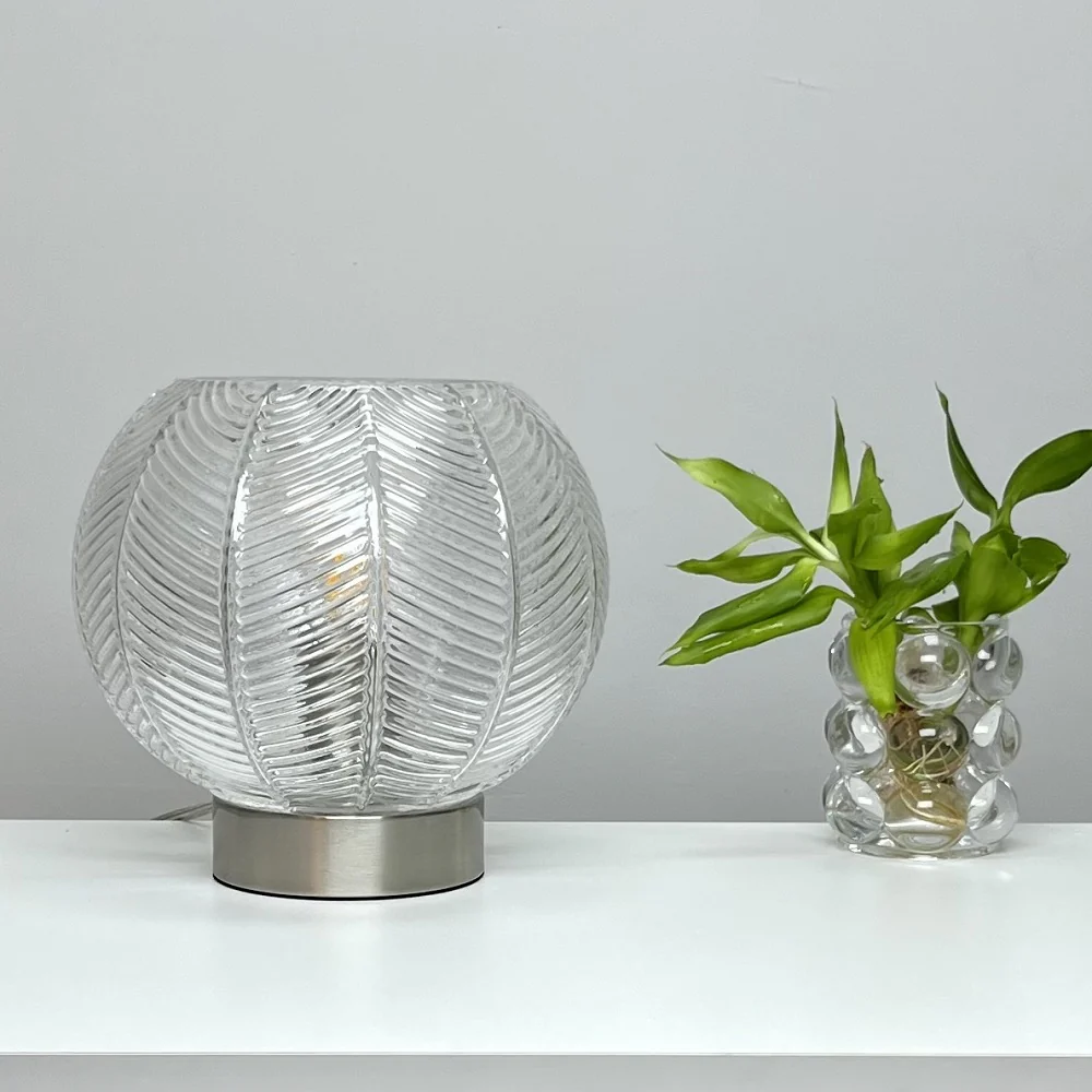 Brushed Chrome & Clear Ribbed Glass Vintage Globe Table Lamp 20cm - Image 3