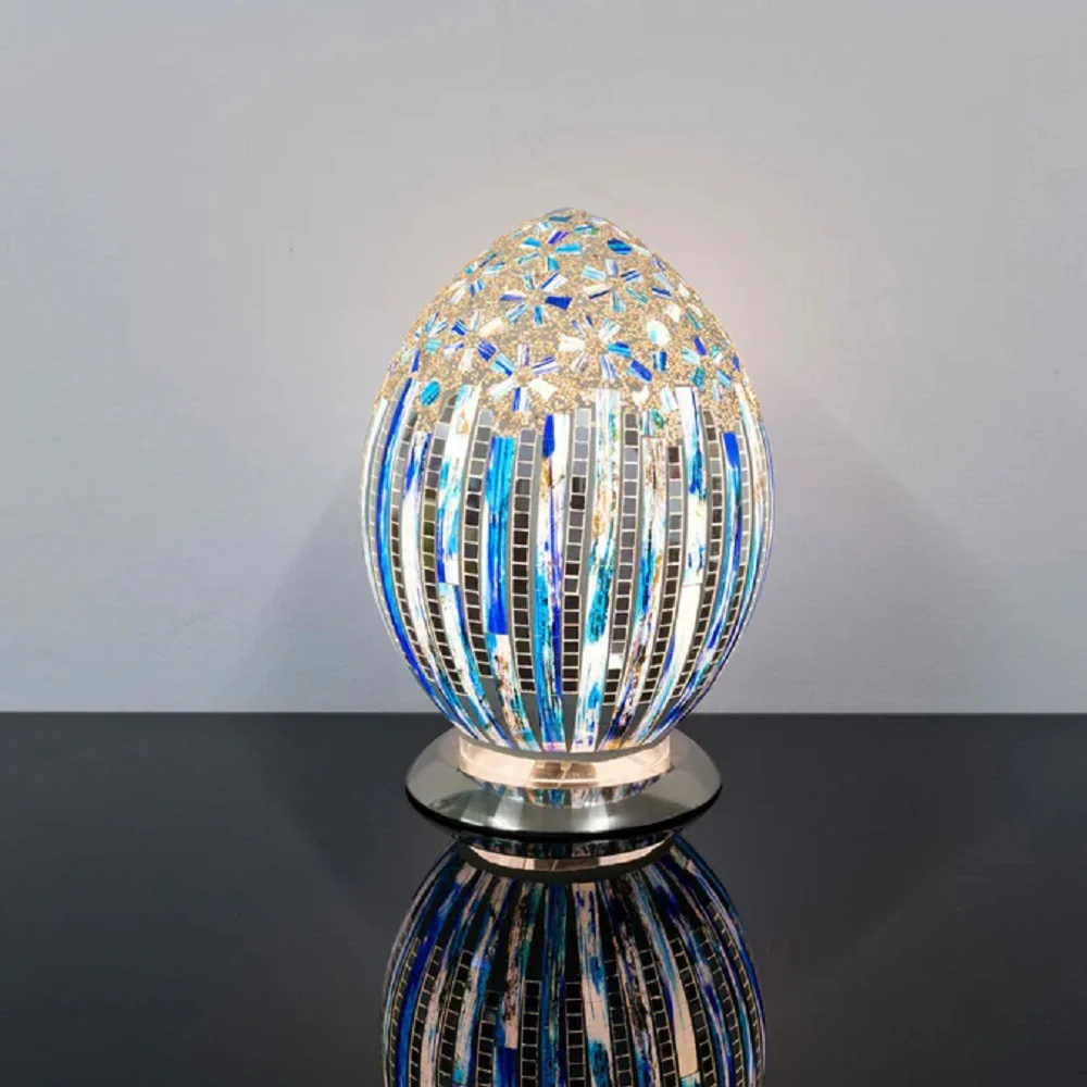Blue Art Deco Flower Tile Mosaic Glass Vintage Egg Table Lamp 30cm - Image 3