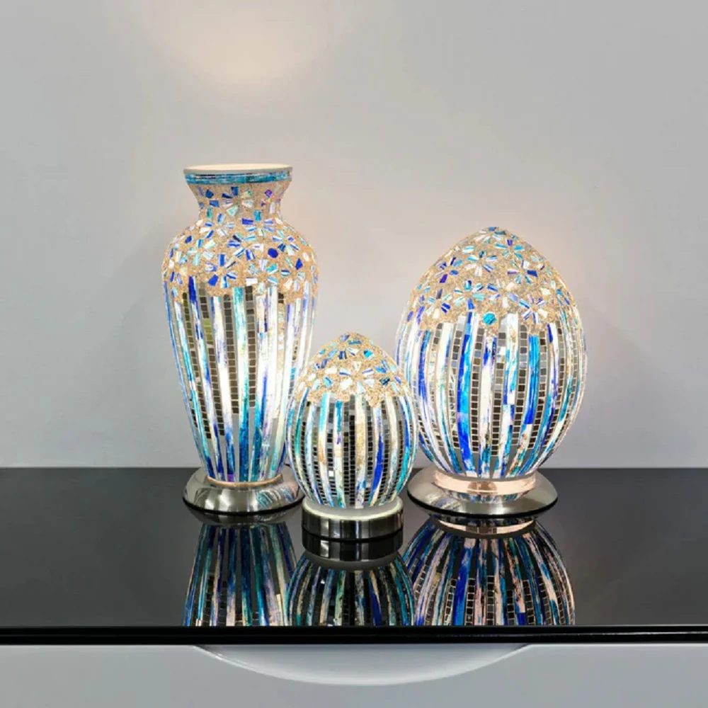 Blue Art Deco Flower Tile Mosaic Glass Vintage Egg Table Lamp 30cm - Image 4