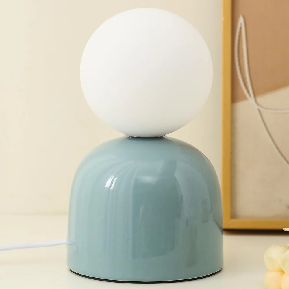 Duck Egg Blue Ceramic Modern Table Lamp with Opal Ball Shade 20cm - Image 3