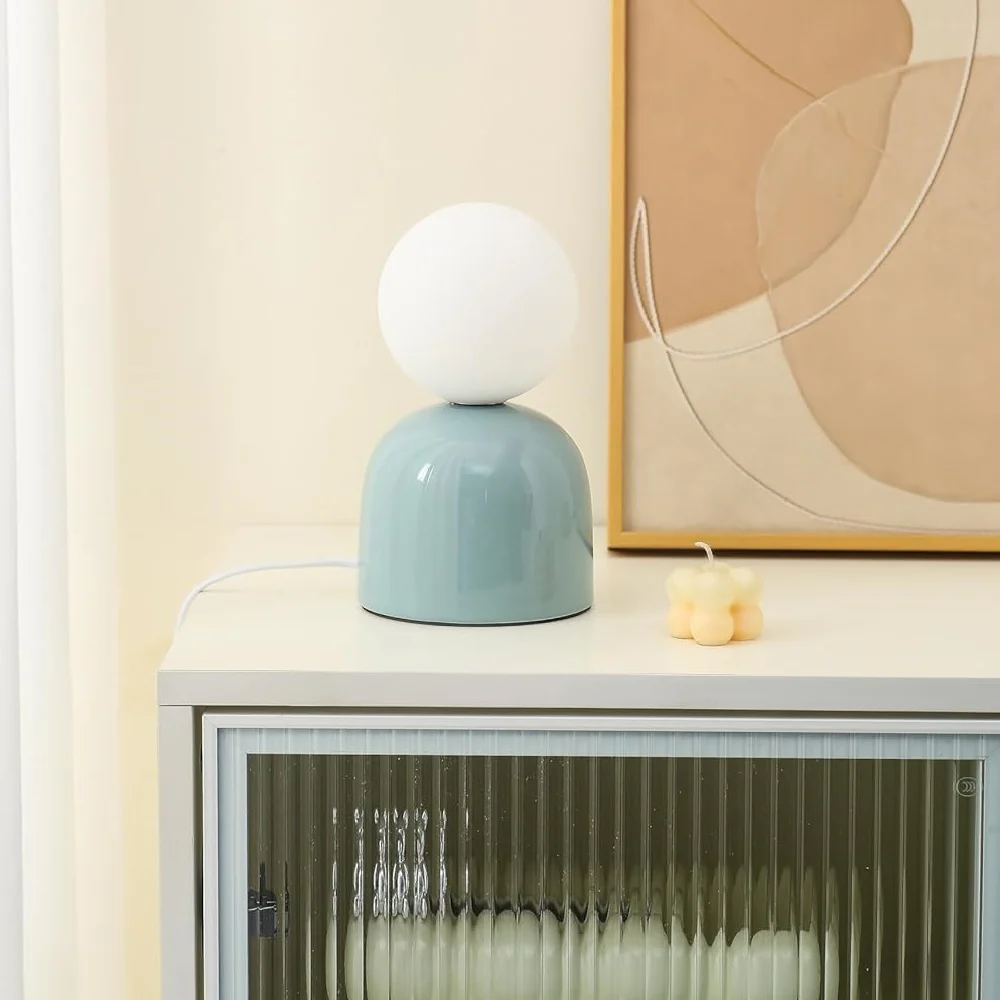 Duck Egg Blue Ceramic Modern Table Lamp with Opal Ball Shade 20cm - Image 4