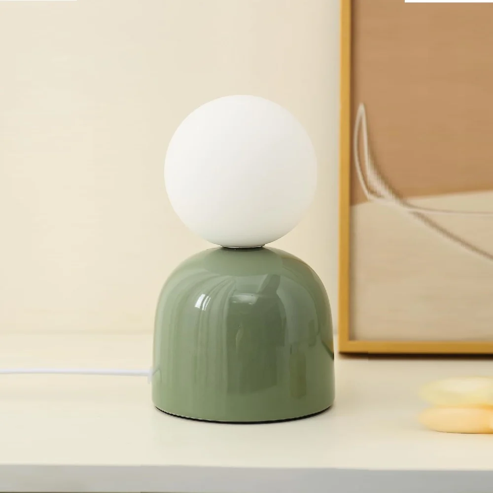 Sage Green Ceramic Modern Table Lamp with Opal Globe Ball Shade 20cm - Image 3