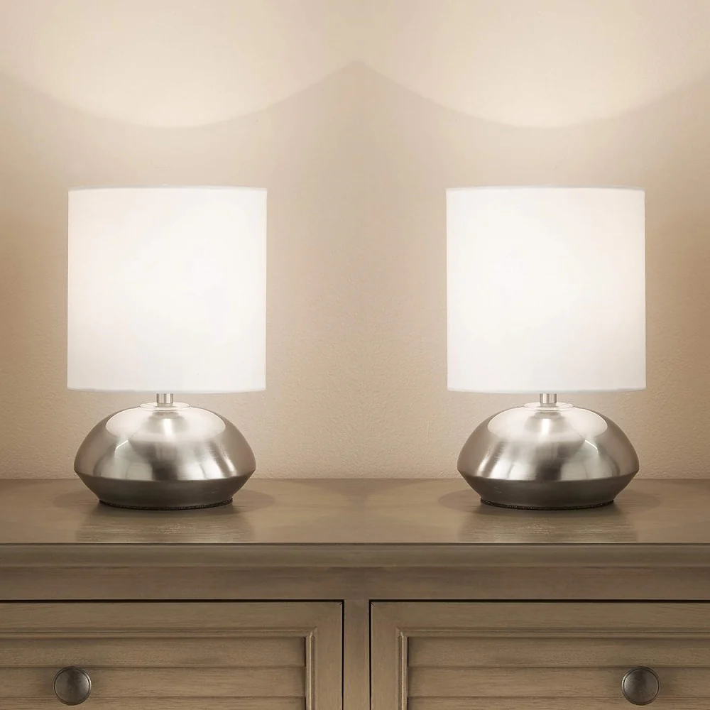 Satin Chrome Modern Touch Table Lamps with White Cylindrical Drum Shade 23cm Twin Pack - Image 2