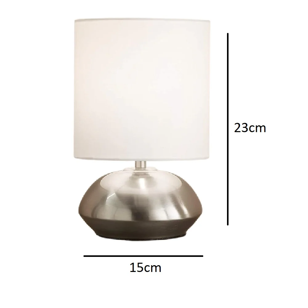 Satin Chrome Modern Touch Table Lamps with White Cylindrical Drum Shade 23cm Twin Pack - Image 3