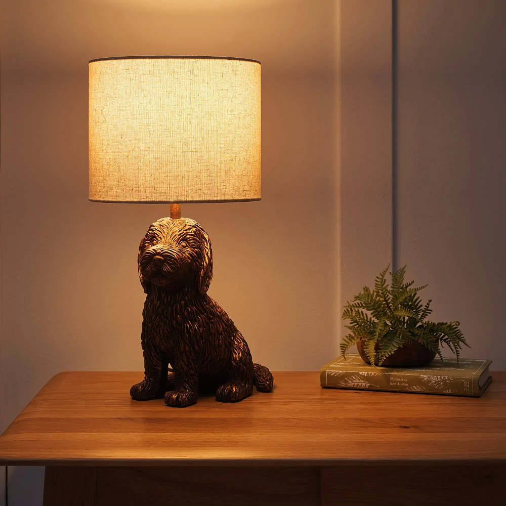 Antique Copper Sitting Puppy Table Lamp with Natural Linen Drum Shade 42cm - Image 4