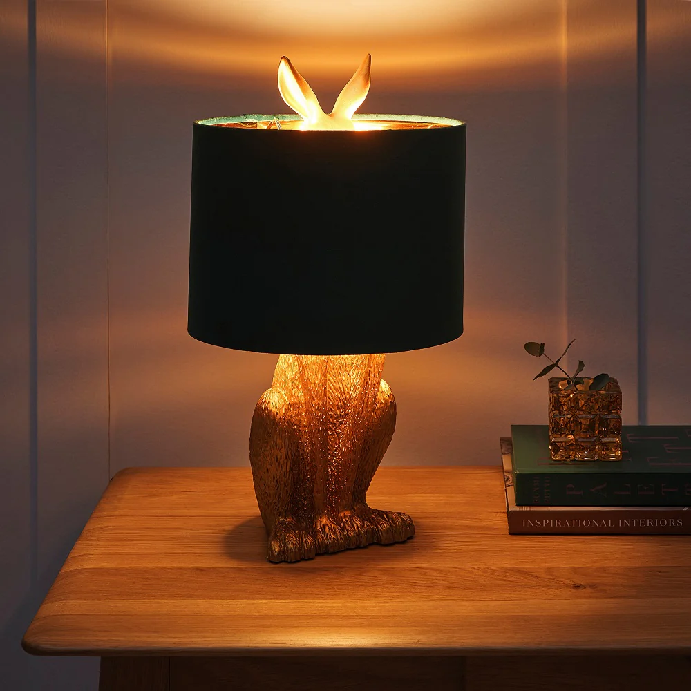 Gold Resin Hiding Hare Table Lamp with Green Velvet Drum Shade 49cm - Image 3