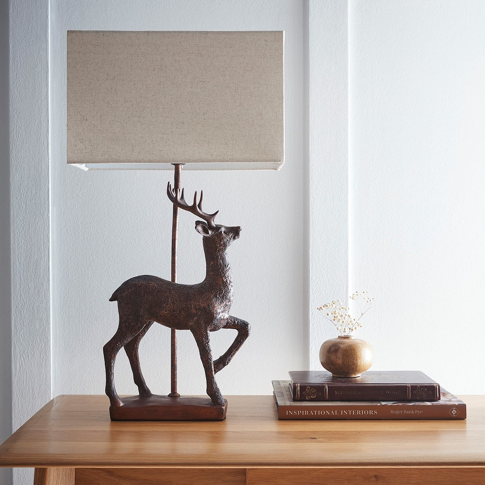 Antique Copper Stag Table Lamp with Natural Linen Rectangular Shade 61cm - Image 3