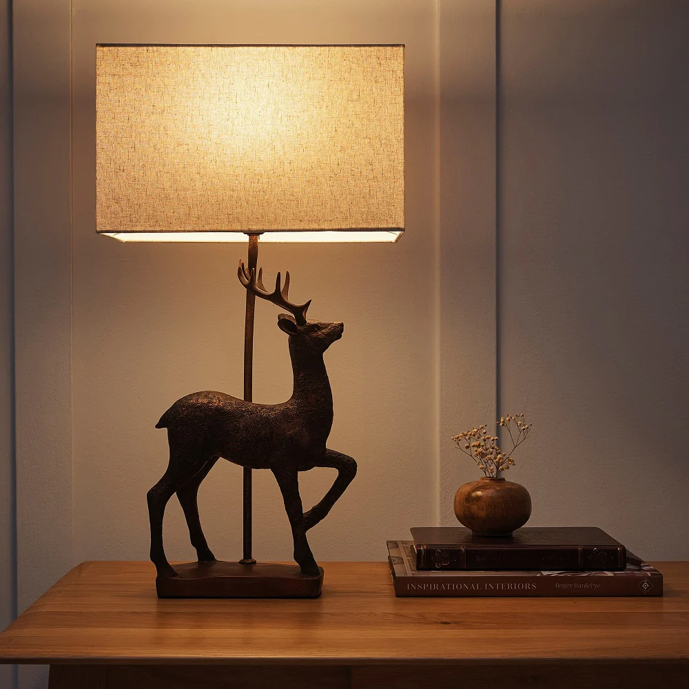 Antique Copper Stag Table Lamp with Natural Linen Rectangular Shade 61cm - Image 4