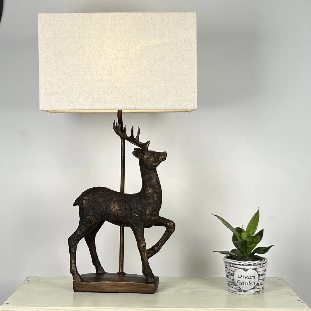 Antique Copper Stag Table Lamp with Natural Linen Rectangular Shade 61cm - Image 5