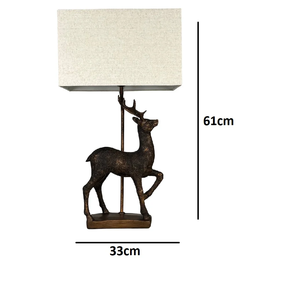 Antique Copper Stag Table Lamp with Natural Linen Rectangular Shade 61cm - Image 6