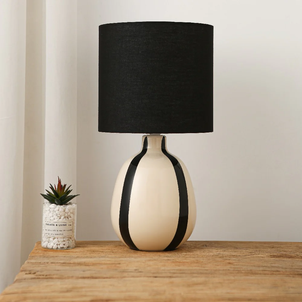 Black and Cream Ceramic Modern Table Lamp with Black Drum Shade 42cm - Image 3