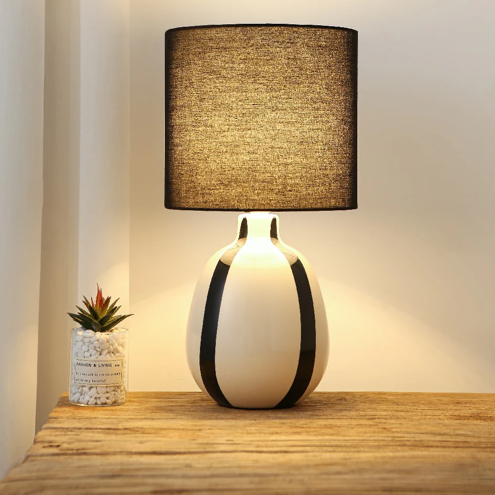 Black and Cream Ceramic Modern Table Lamp with Black Drum Shade 42cm - Image 4