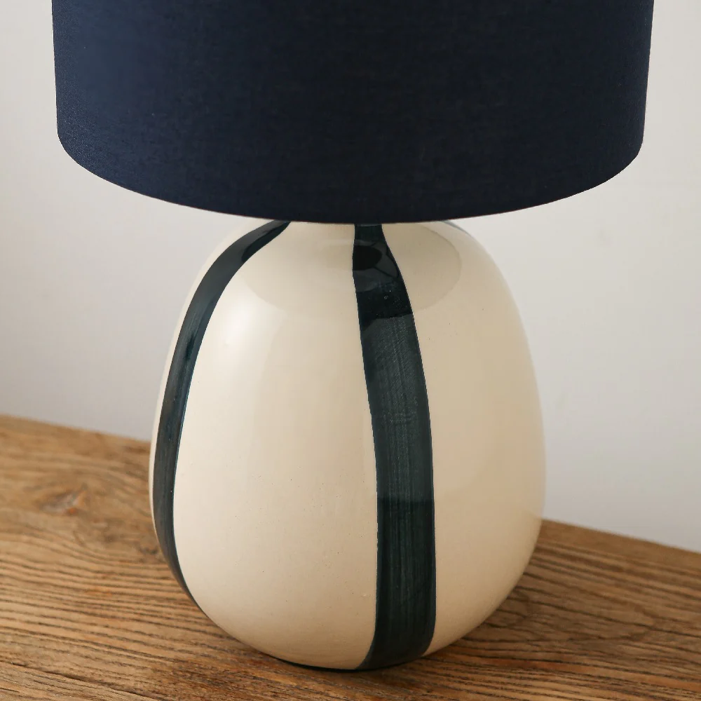 Navy Blue and Cream Ceramic Modern Table Lamp with Navy Blue Drum Shade 42cm - Image 2