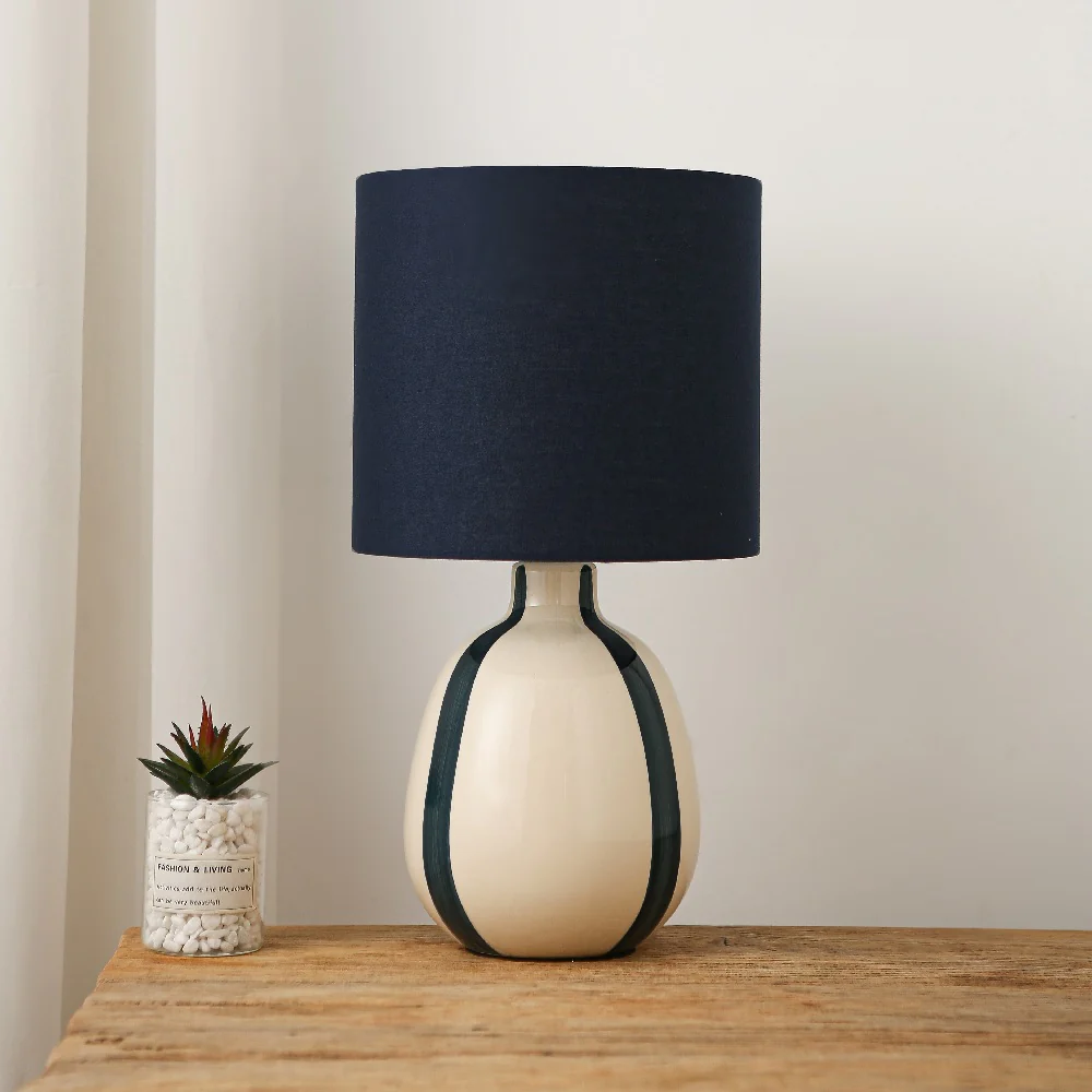 Navy Blue and Cream Ceramic Modern Table Lamp with Navy Blue Drum Shade 42cm - Image 3