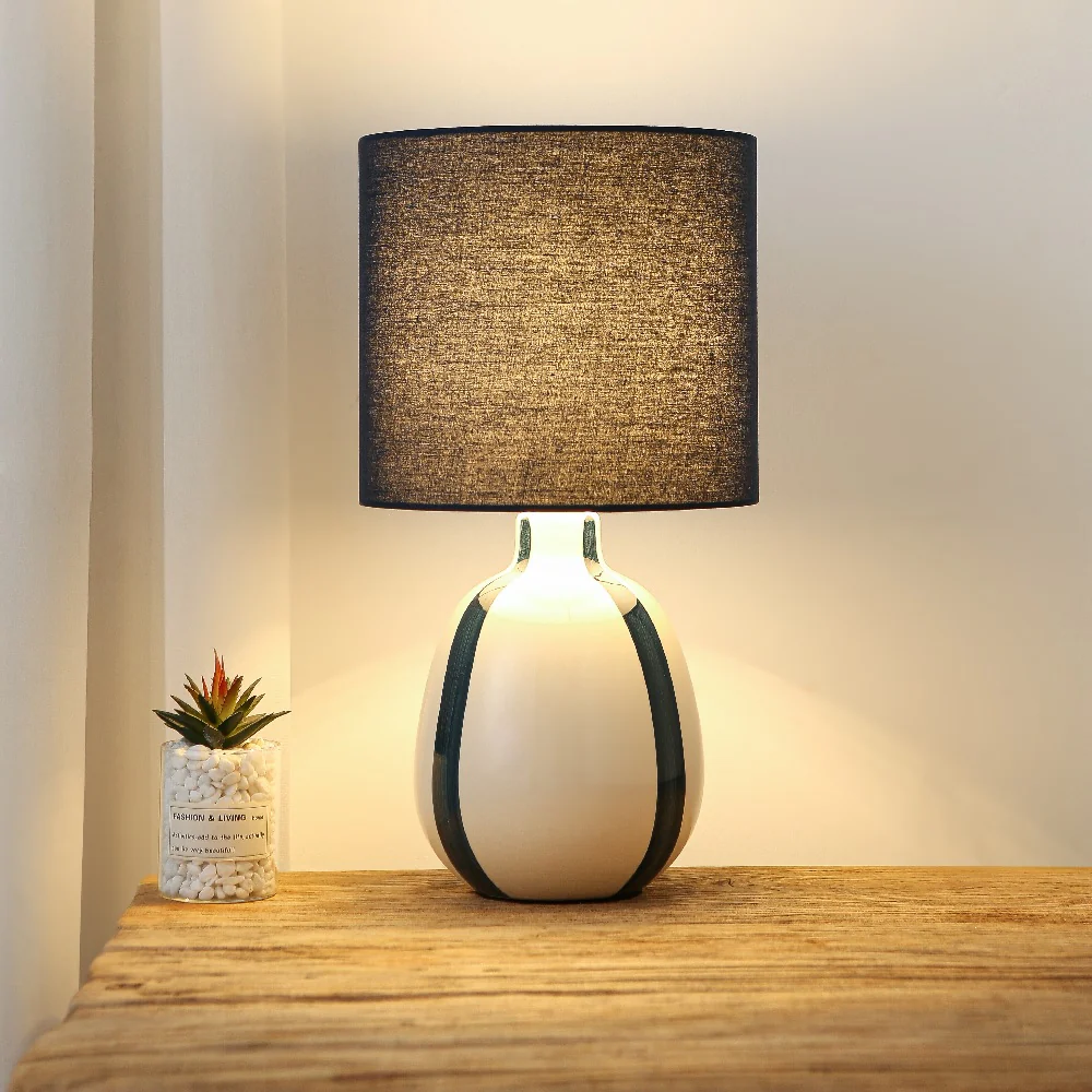 Navy Blue and Cream Ceramic Modern Table Lamp with Navy Blue Drum Shade 42cm - Image 4