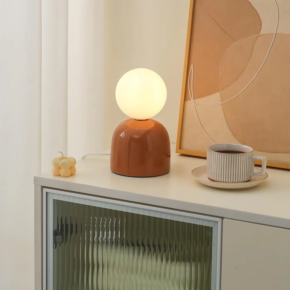 Brown Ceramic Modern Table Lamp with Opal Globe Ball Shade 20cm - Image 2