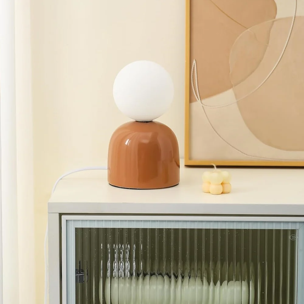 Brown Ceramic Modern Table Lamp with Opal Globe Ball Shade 20cm - Image 3