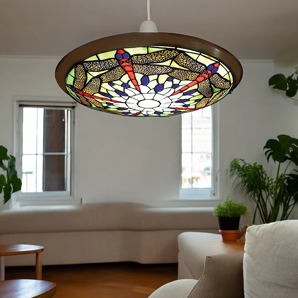Green Dragonfly Tiffany Glass with Antique Brass Metal Vintage Non Electric Pendant Shade 35cm - Image 3