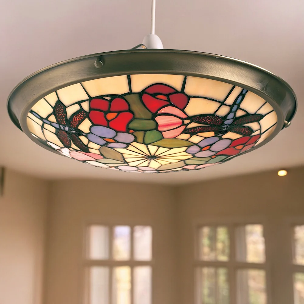 Beige Dragonfly Tiffany Glass with Antique Brass Metal Vintage Non Electric Pendant Shade 35cm - Image 3