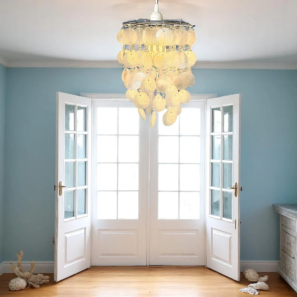 Natural Capiz Shell with Acrylic Beads Vintage Easy Fit Pendant Shade 25cm - Image 3