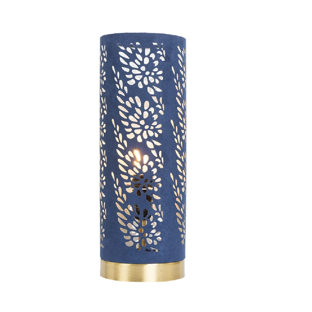 Navy Blue & Gold Floral Etch Cylindrical Touch Table Lamp 315mm
