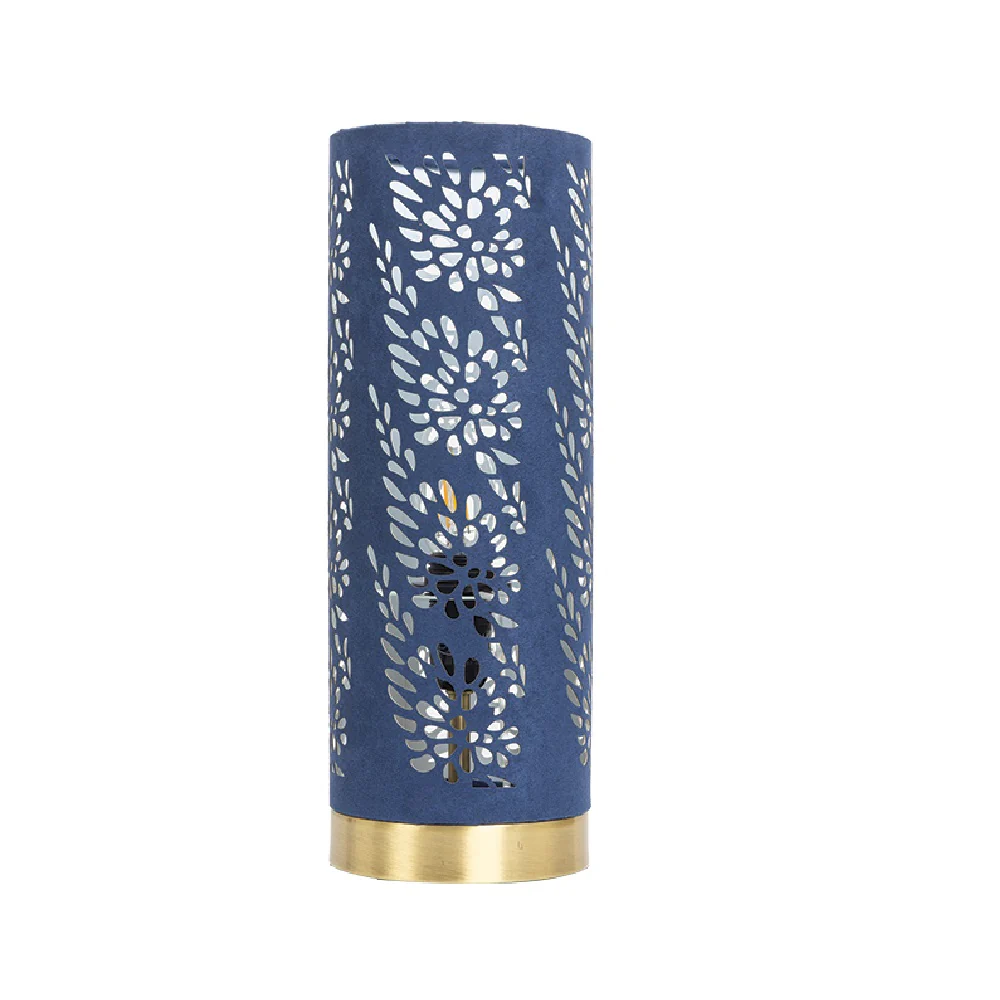 Navy Blue & Gold Floral Etch Cylindrical Touch Table Lamp 315mm - Image 2
