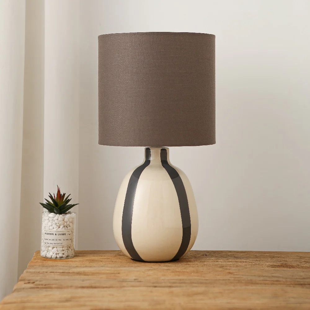 Soft Grey and Cream Ceramic Modern Table Lamp with Soft Grey Drum Shade 42cm - Image 3