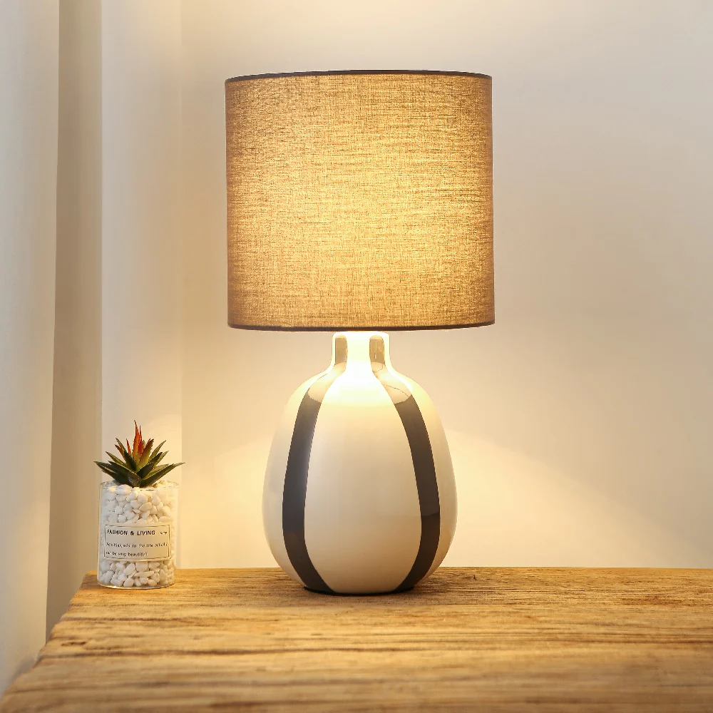 Soft Grey and Cream Ceramic Modern Table Lamp with Soft Grey Drum Shade 42cm - Image 4