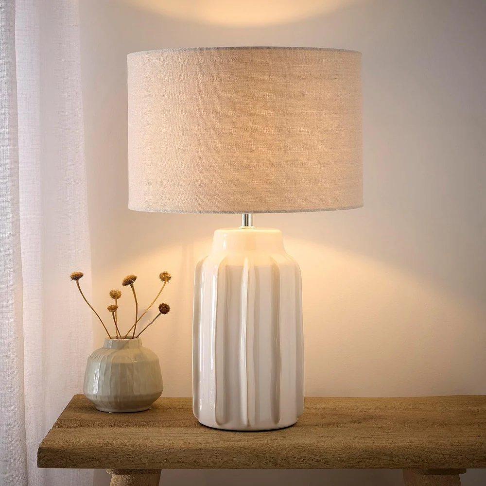 Cream Modern Ribbed Ceramic Table Lamp with Textured Beige Drum Lampshade 47cm - Image 2