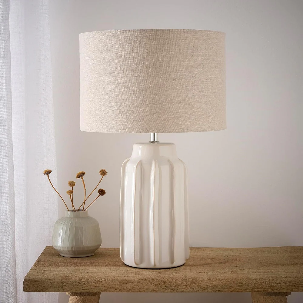 Cream Modern Ribbed Ceramic Table Lamp with Textured Beige Drum Lampshade 47cm - Image 3