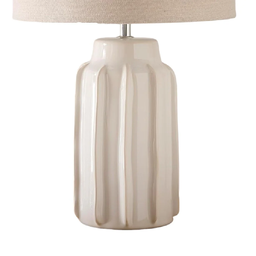 Cream Modern Ribbed Ceramic Table Lamp with Textured Beige Drum Lampshade 47cm - Image 4