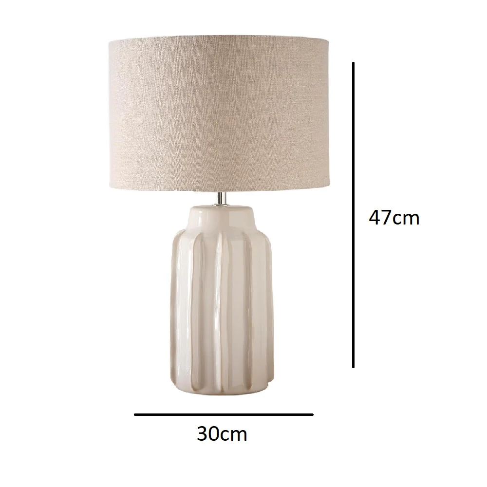 Cream Modern Ribbed Ceramic Table Lamp with Textured Beige Drum Lampshade 47cm - Image 5