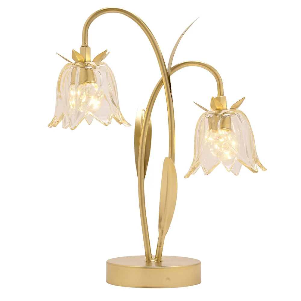 Britalia Gold and Clear Glass Flower Double Stem Battery Powered LED Table Lamp 36cm - Image 2