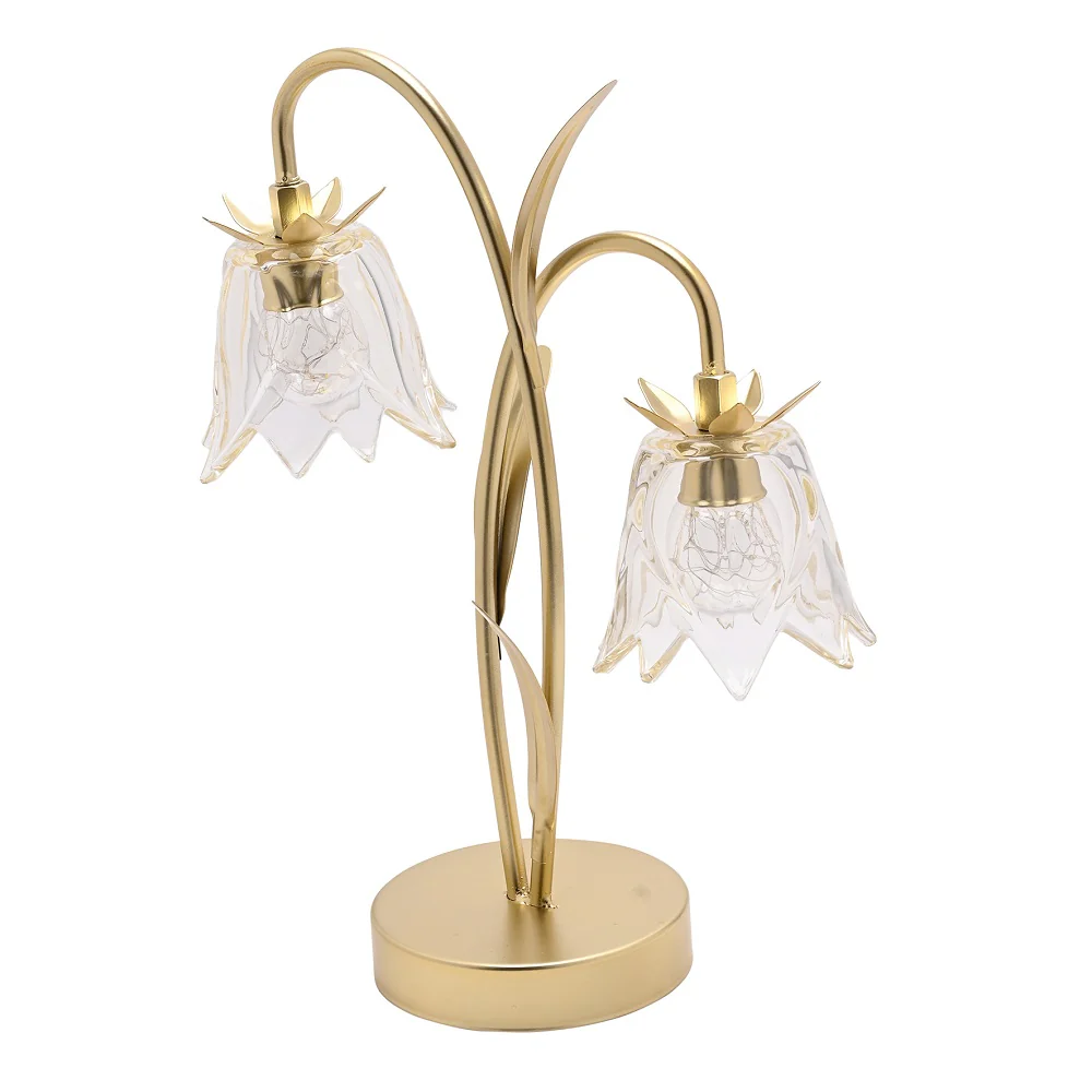 Britalia Gold and Clear Glass Flower Double Stem Battery Powered LED Table Lamp 36cm - Image 3