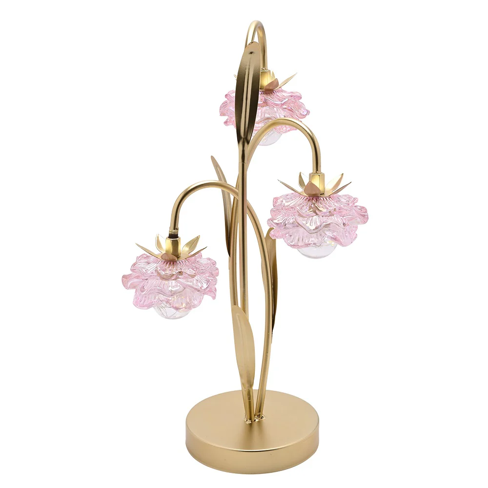 Britalia Gold and Pink Glass Flower Triple Stem Battery Powered LED Table Lamp 45cm - Image 3
