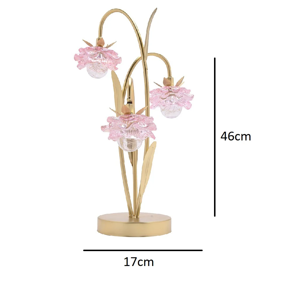 Britalia Gold and Pink Glass Flower Triple Stem Battery Powered LED Table Lamp 45cm - Image 4