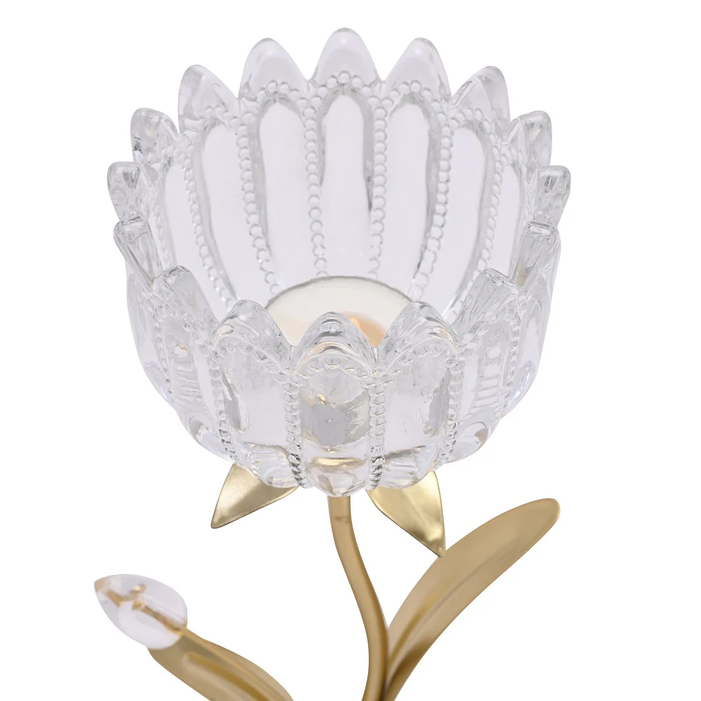 Britalia Gold Metal and Clear Glass Single Stem Flower Tea Light Candle Holder 27cm - Image 3