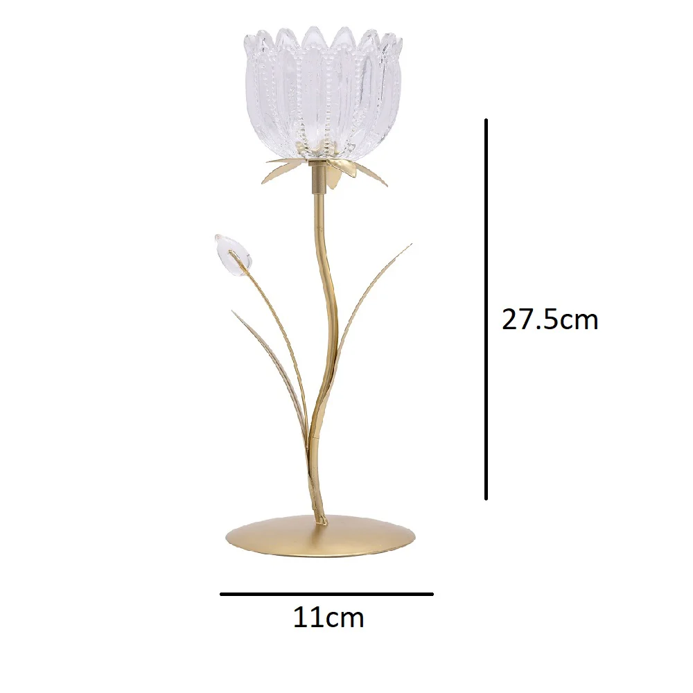 Britalia Gold Metal and Clear Glass Single Stem Flower Tea Light Candle Holder 27cm - Image 4