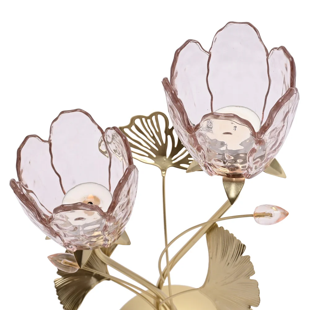 Britalia Gold Metal and Pink Glass Double Stem Flowers Tea Light Candle Holder 36cm - Image 3